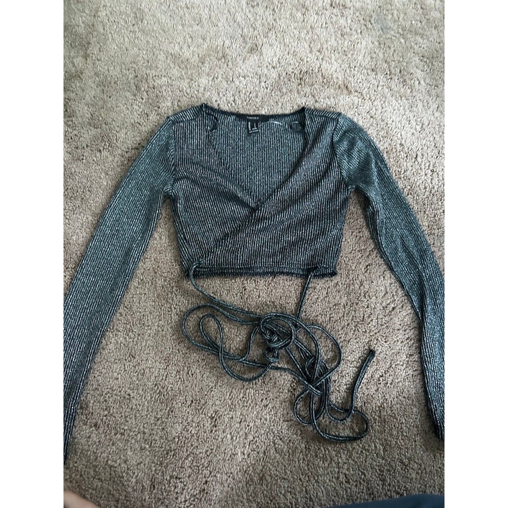 Forever 21 Sparkly Wrap Tie Crop Top Small Metallic Long Sleeve Party Club